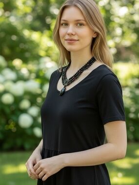 Elegant Black Bead Multi-Strand Necklace with Teardrop Pendant